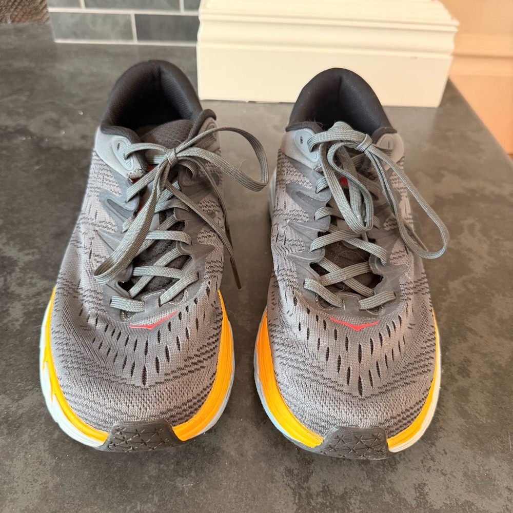 Hoka Charcoal Running Shoes with Orange & Light Blue Accents - Picture 2 of 6